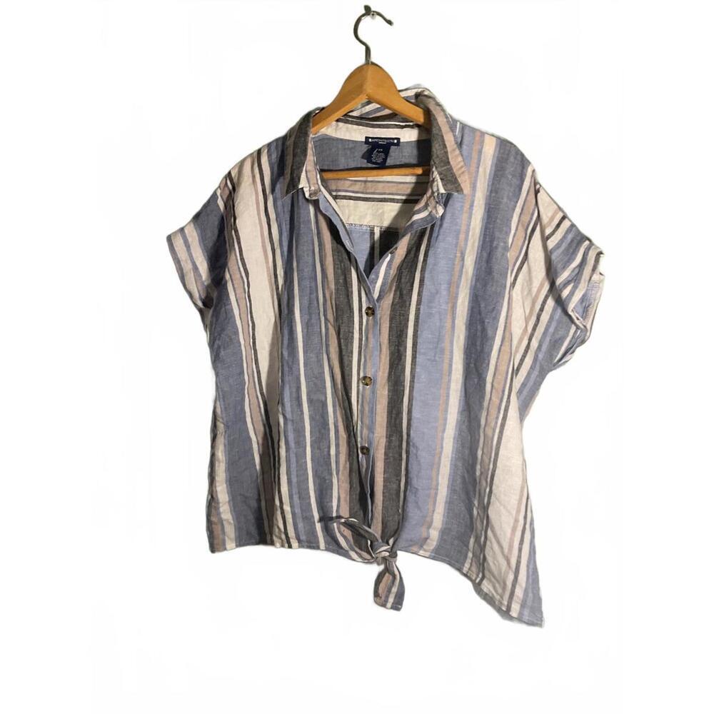 Architect Women's Striped  Linen Button-Up Tie-Front Blouse 2X